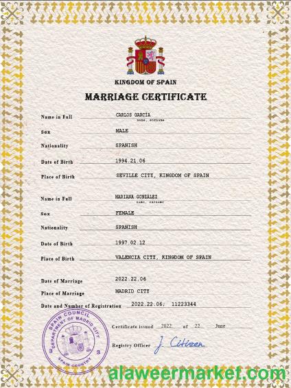 Spain marriage certificate PSD template